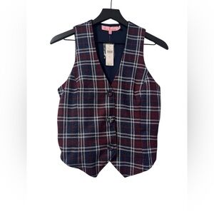 Eva Franco Burgundy and Navy Plaid Button Down Vest